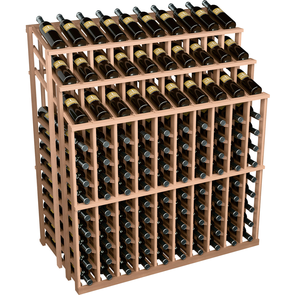 Wine bottle display rack with 3 tiers of bottles and reddish wood frame