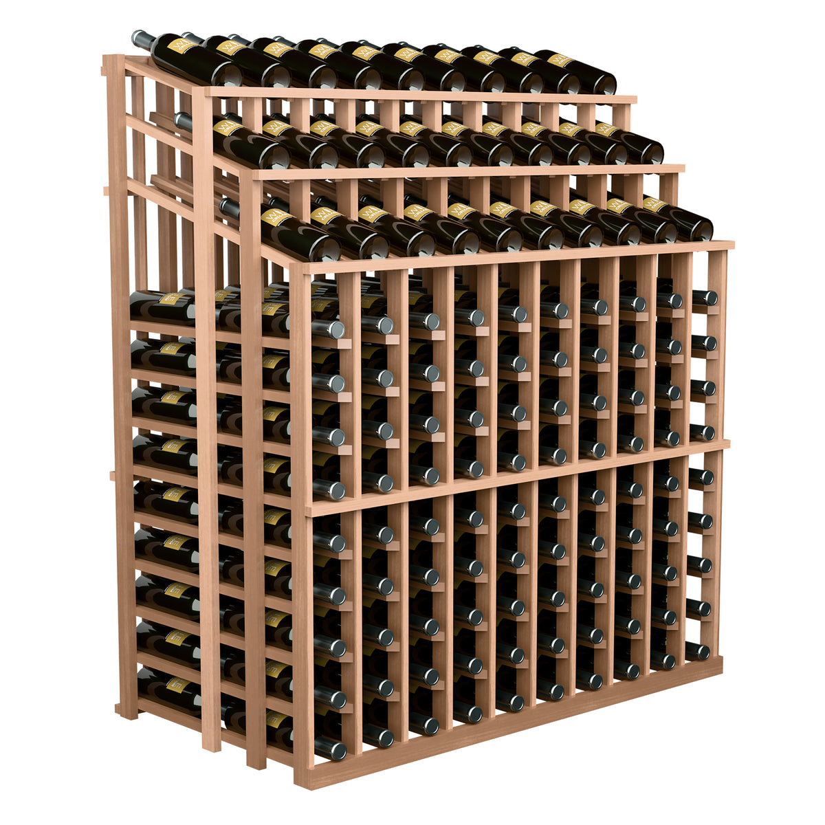 Wine bottle display rack, light wood frame with rows of circular bottle openings