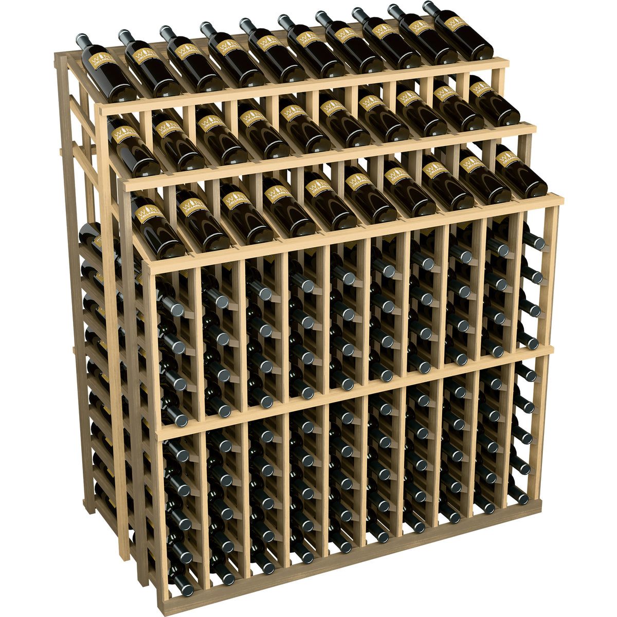 Wine bottle display rack with 3 tiers of bottles and light wood frame