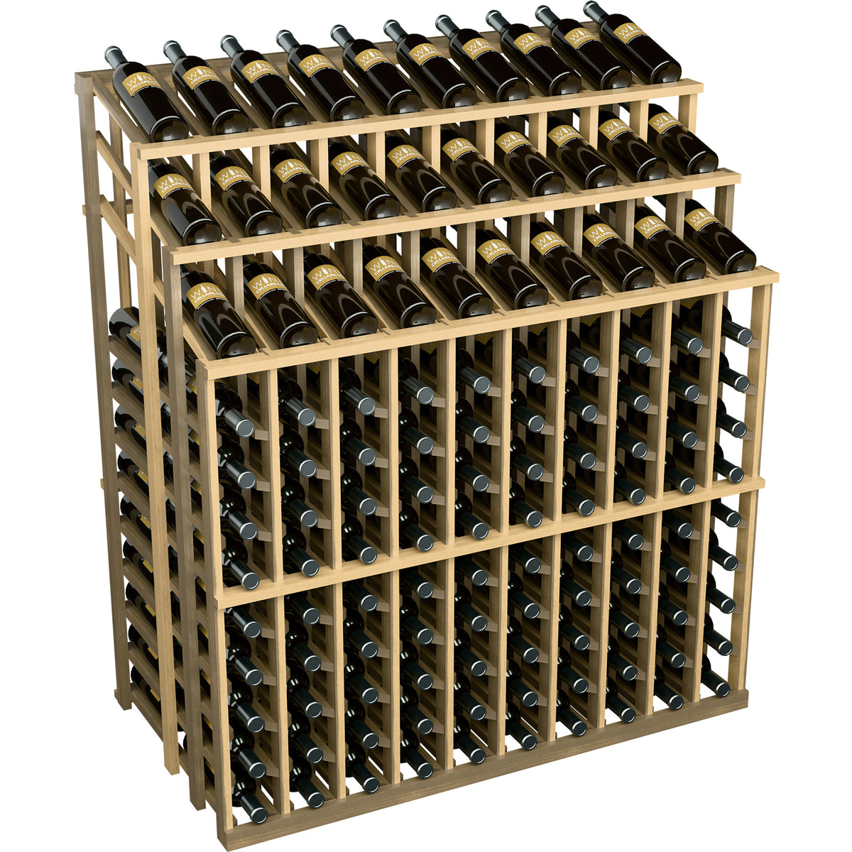 Wine bottle display rack, natural wood frame with bottle slots on stacked shelves