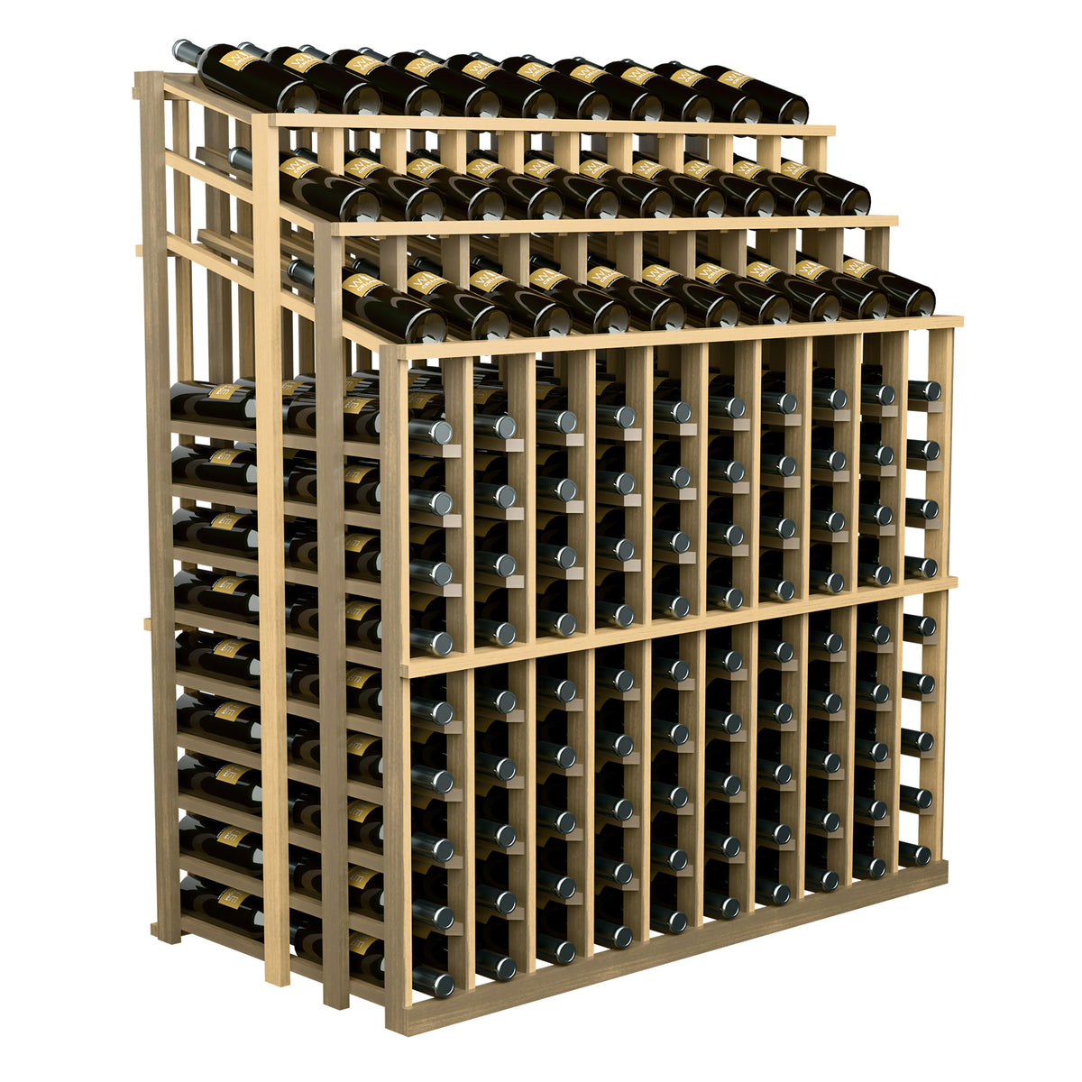 Wine bottle display rack, light wood frame with black wine bottles stored upright