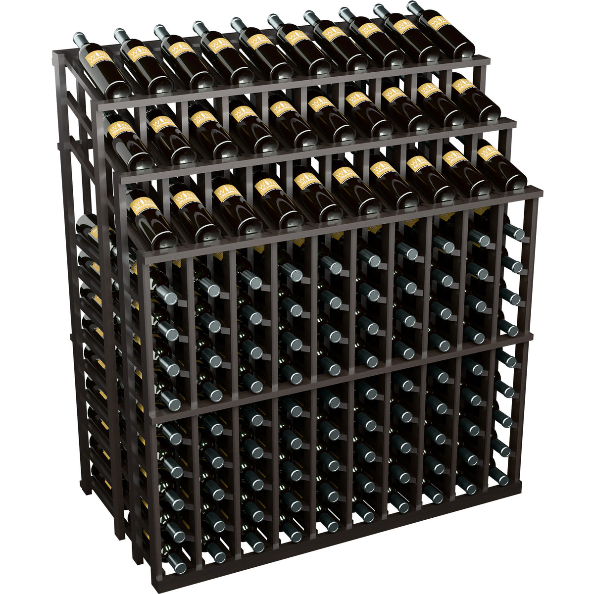Wine bottle display rack, dark wood frame with upright wine bottles in a grid of slots