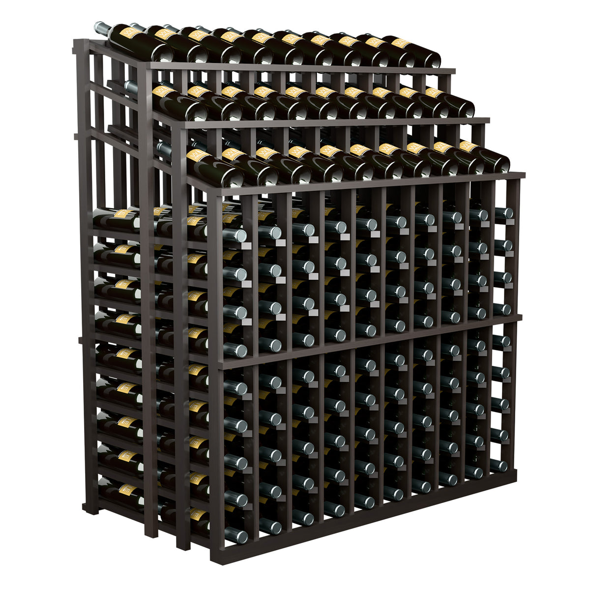 Wine bottle display rack, dark wood frame with bottle slots on three stacked sections