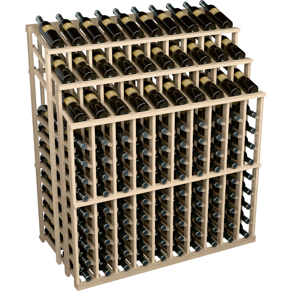 Light wood wine bottle display rack with metal bottle holders and rows of wine bottles.