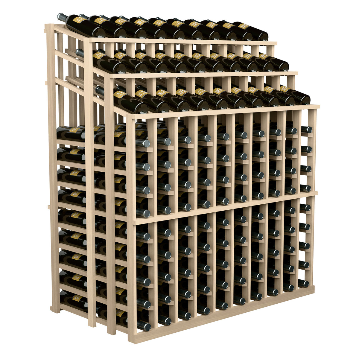 Pale wood wine bottle display rack with metal bottle holders and rows of wine bottles.