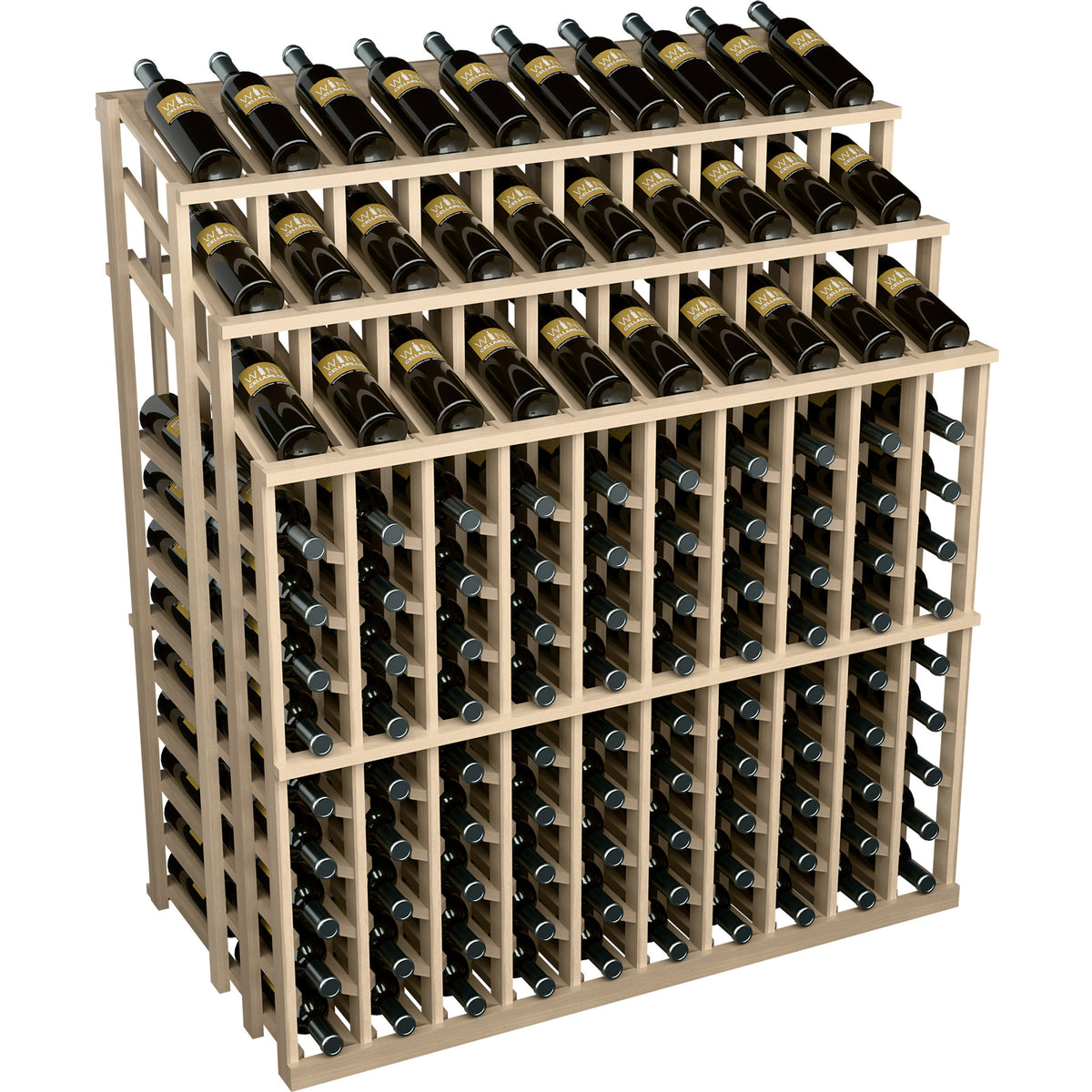 Light wood wine bottle display rack with rows of black bottles, 3-tier front view.