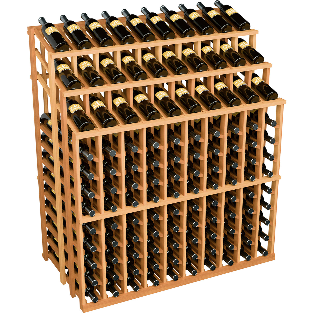 Light wood wine bottle display rack with multiple rows and dark bottles in cradles