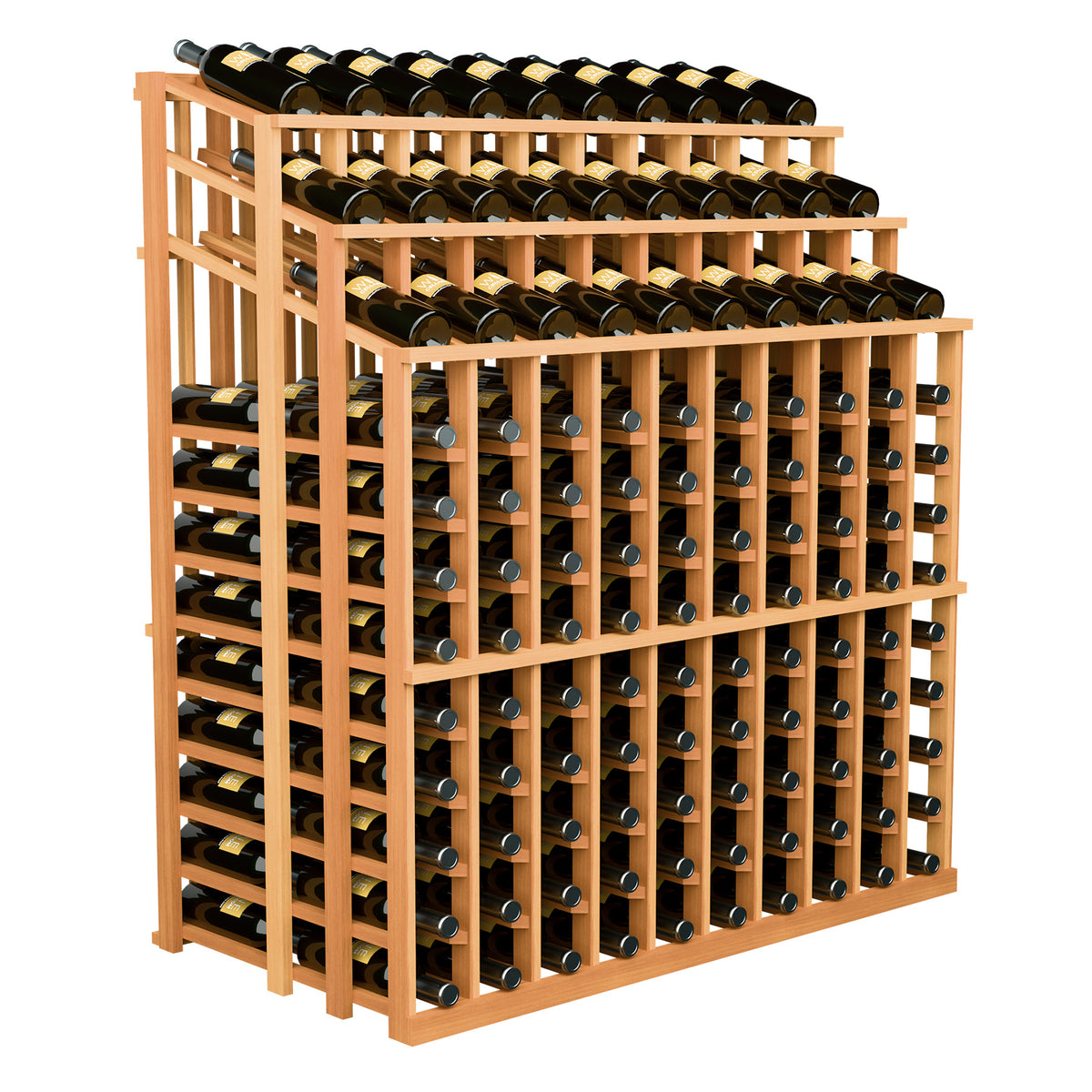 Light wood wine bottle display rack with three tiers of black bottles and circular bottle openings
