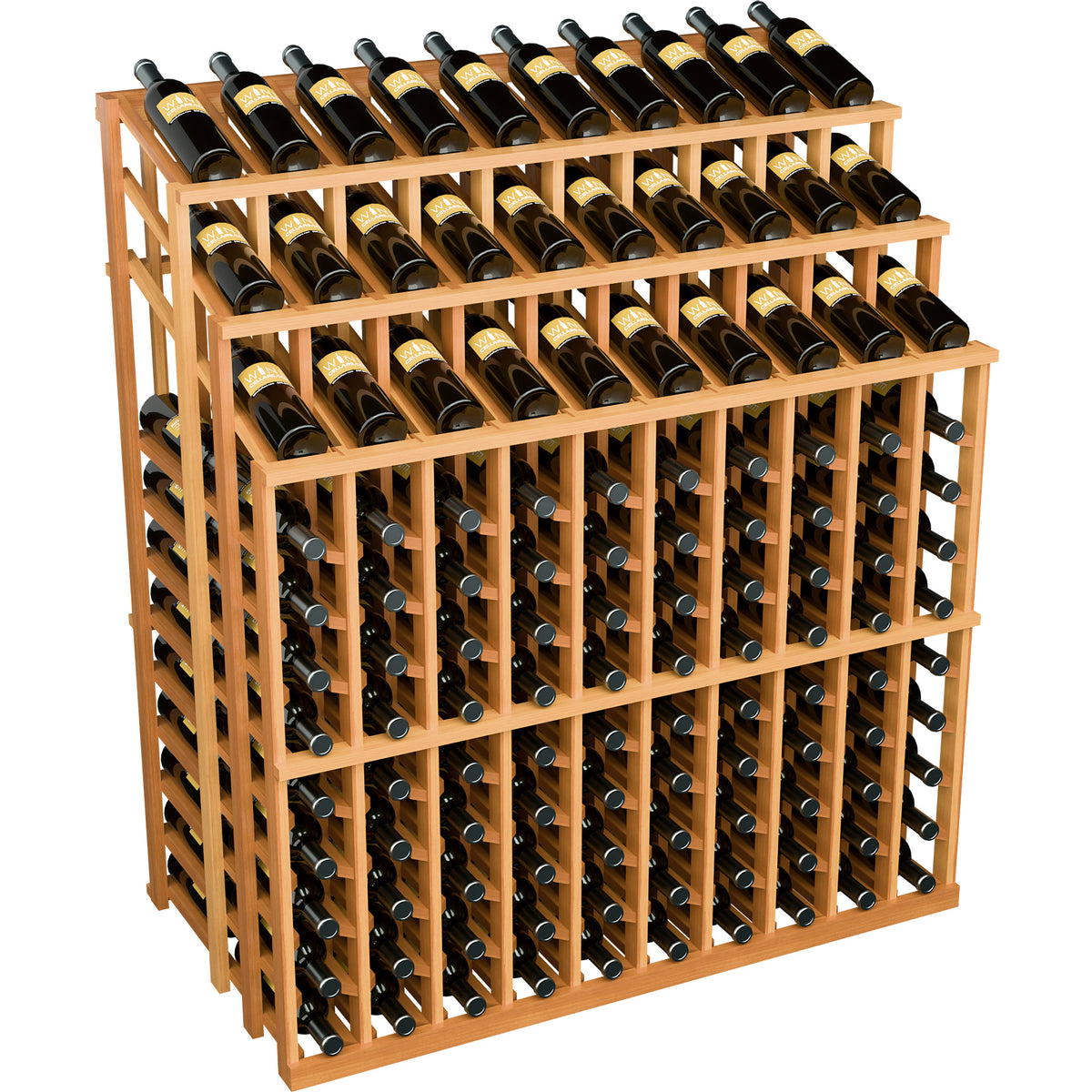 Medium wood wine bottle display rack with rows of black bottles, 3-tier front view.