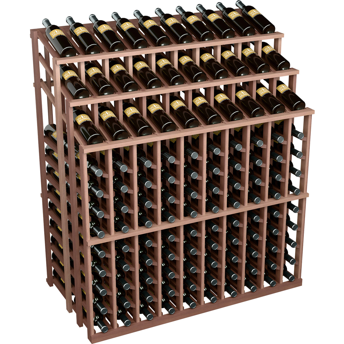 Medium brown wood wine bottle display rack with multiple rows and dark bottles in cradles
