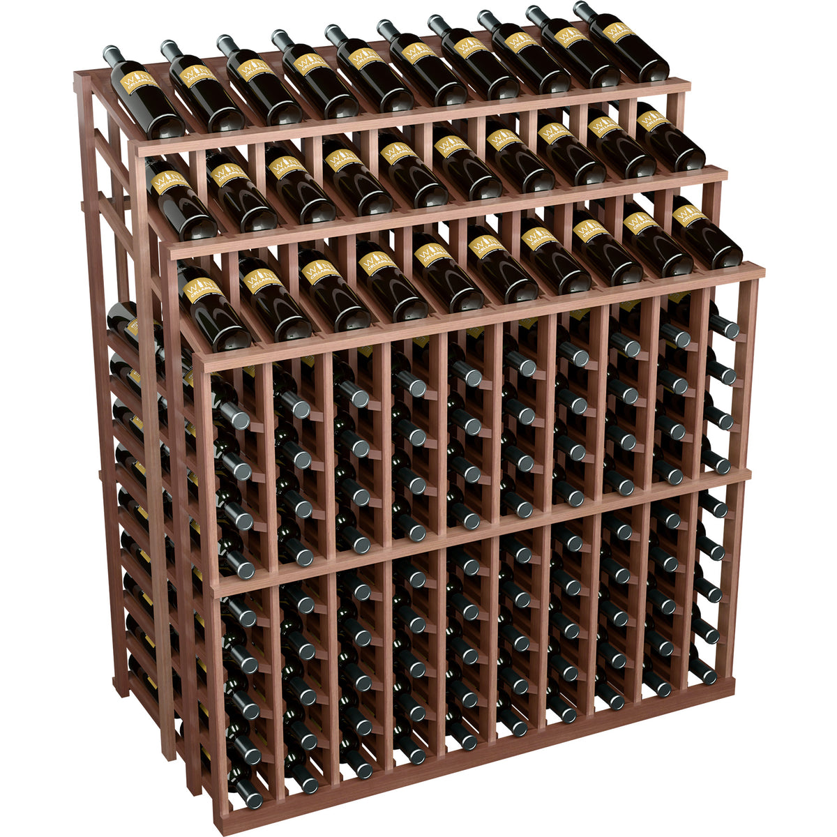 Dark wood wine bottle display rack with rows of black bottles, 3-tier front view.