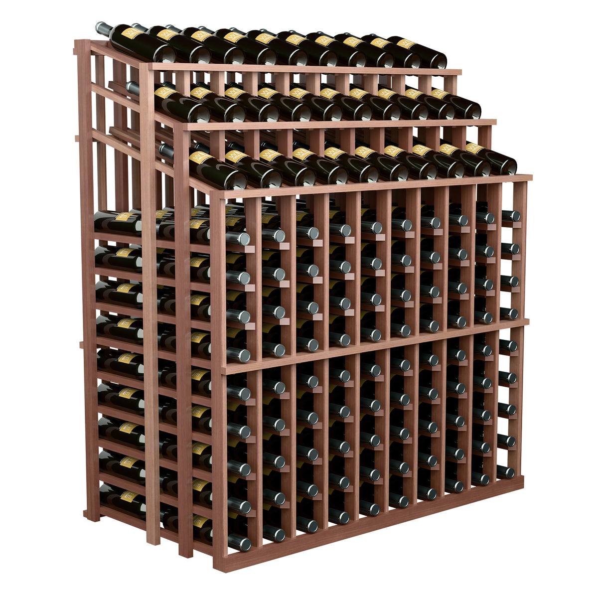 Dark wood wine bottle display rack with multiple bottle rows, angled side view.