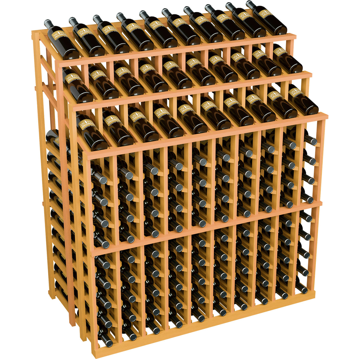 Wine bottle display rack with 3 tiers of bottles and natural wood frame