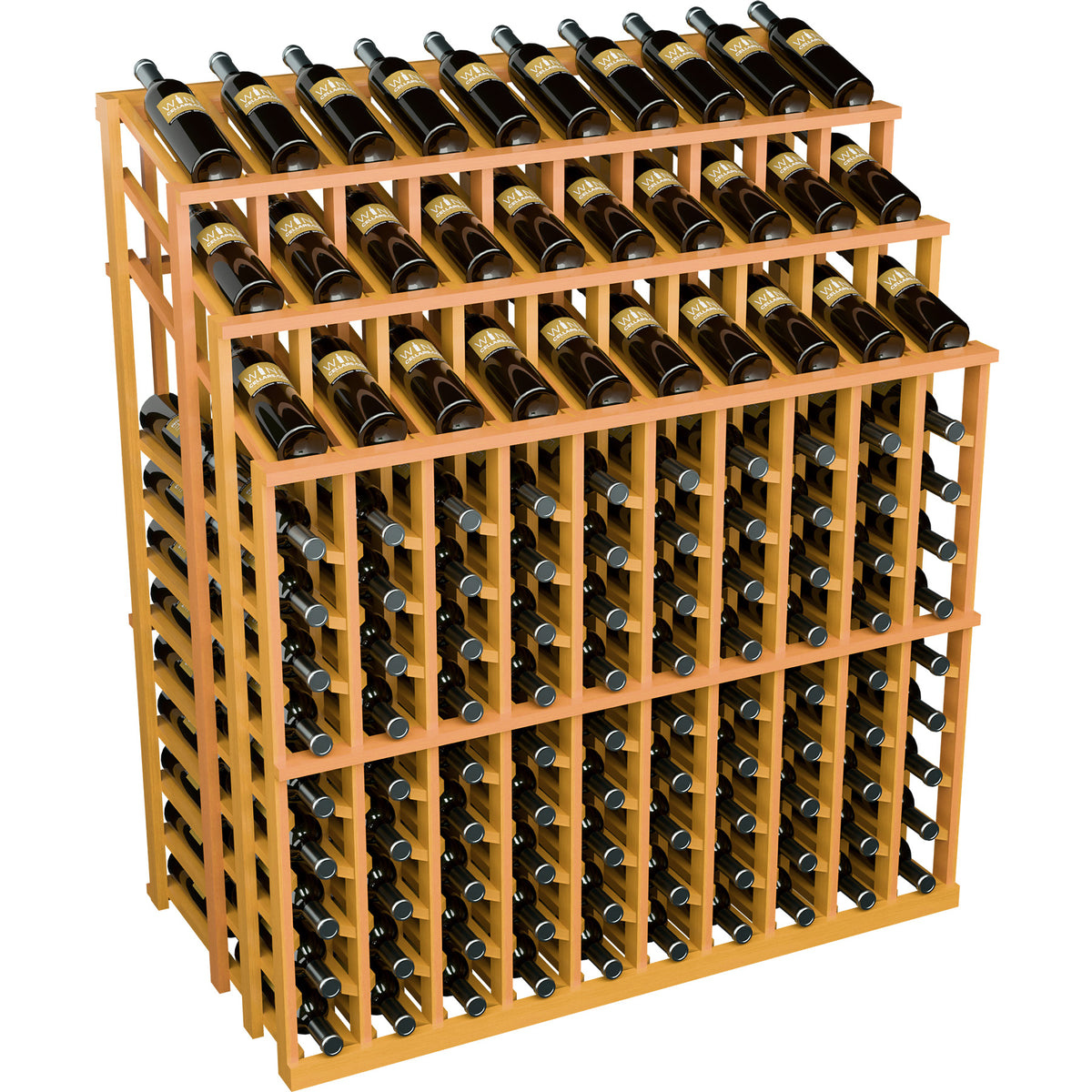 Golden wood wine bottle display rack with rows of black bottles, 3-tier front view.