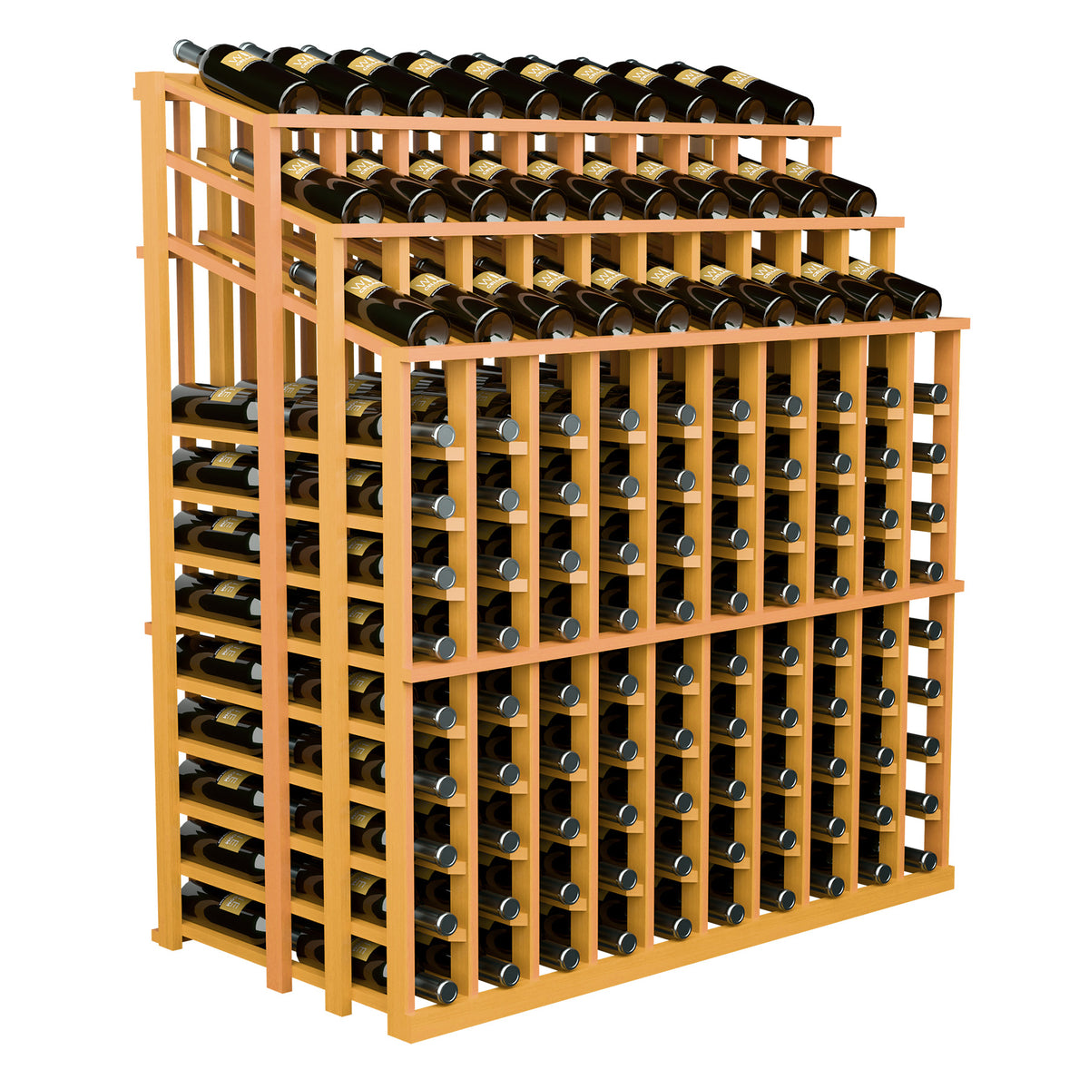Golden wood wine bottle display rack with multiple bottle rows, angled side view.