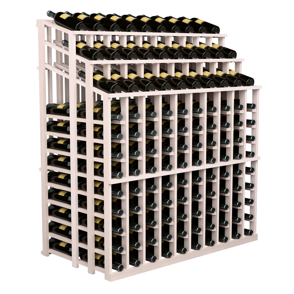 Wood wine bottle display rack with open-front triple tier, holds many bottles, white frame.