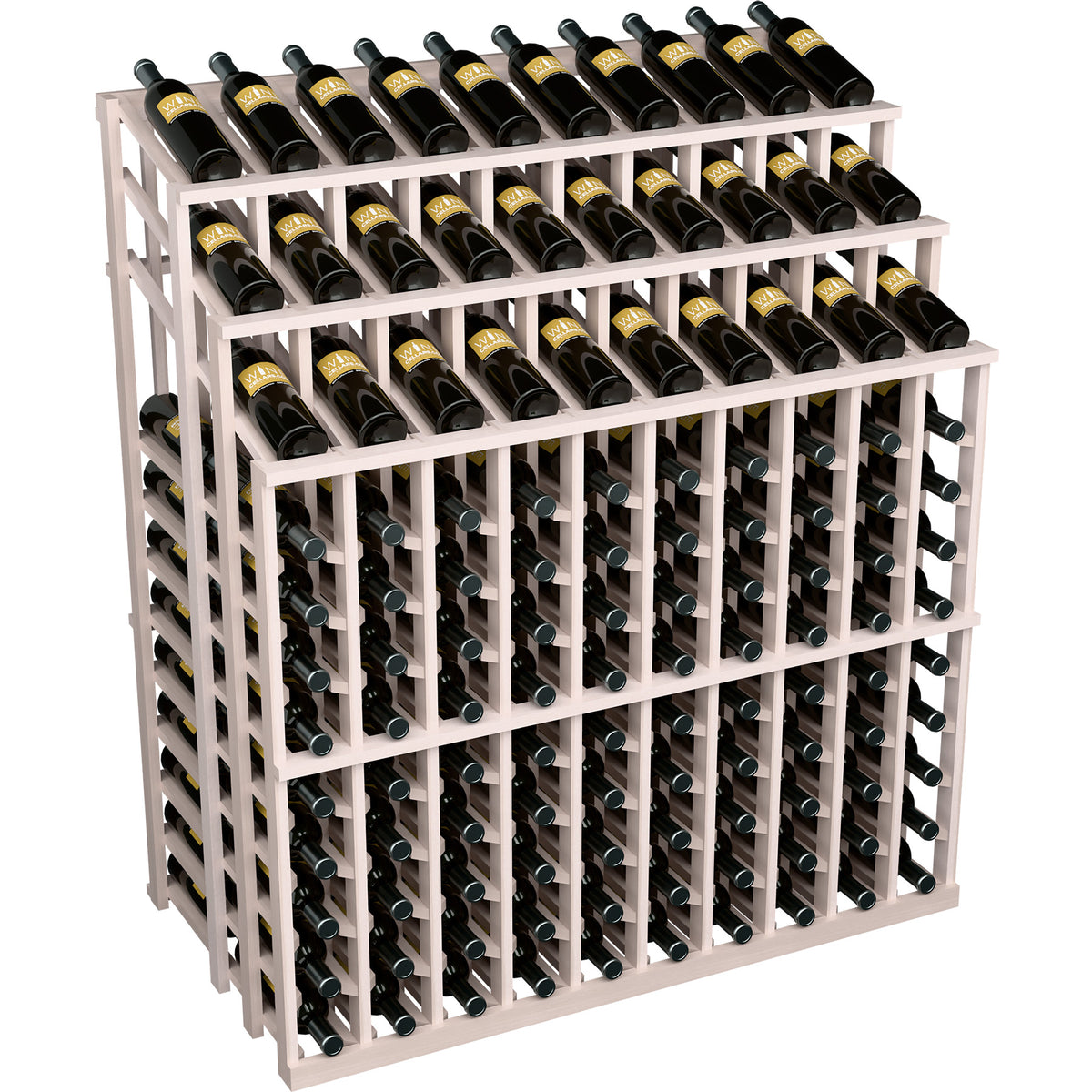 White wood wine bottle display rack with rows of black bottles, 3-tier front view.