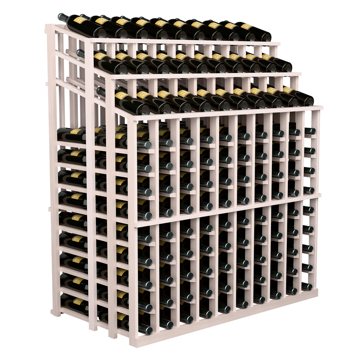 White wood wine bottle display rack with multiple bottle rows, angled side view.