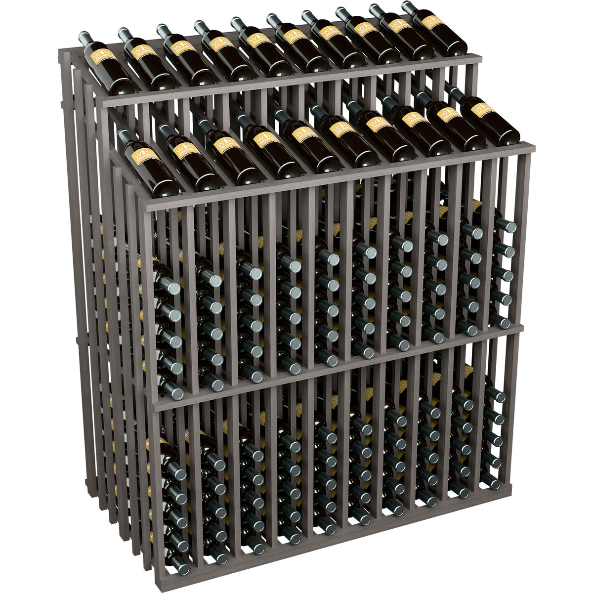 Dark gray double-sided wine bottle display rack showing 2 rows of bottles and holders