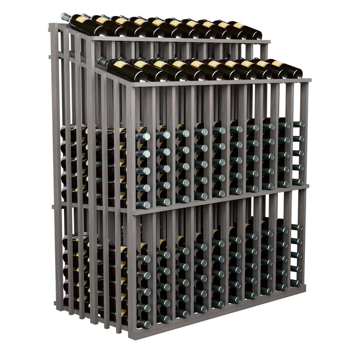 Wine bottle storage rack with dark frame and two-tier horizontal bottle holder design