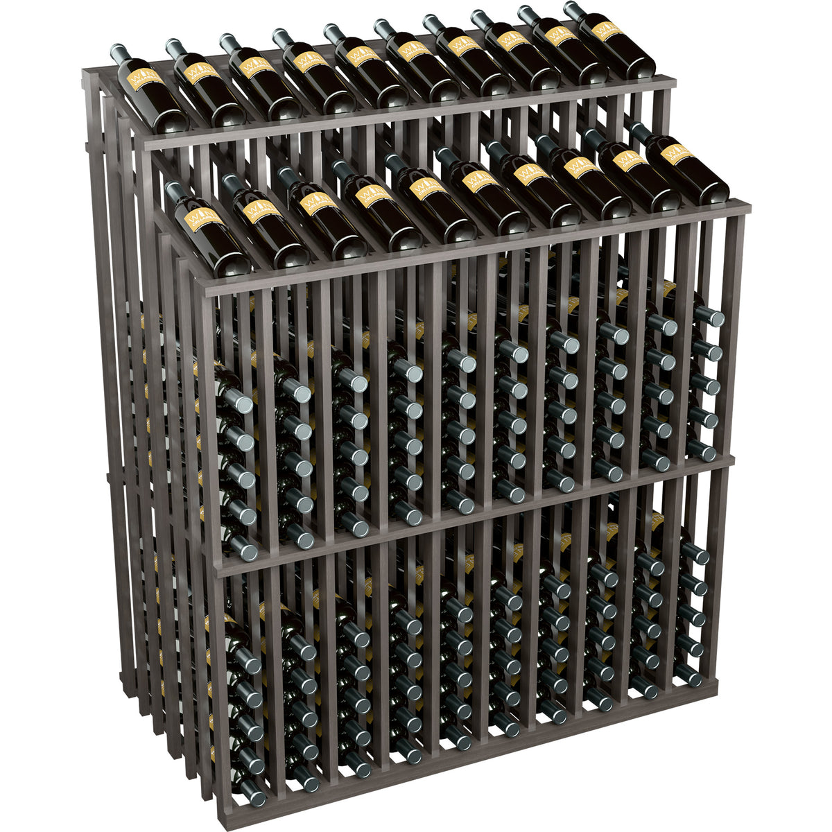 Dark wood wine bottle display with vertical slats and filled bottle slots