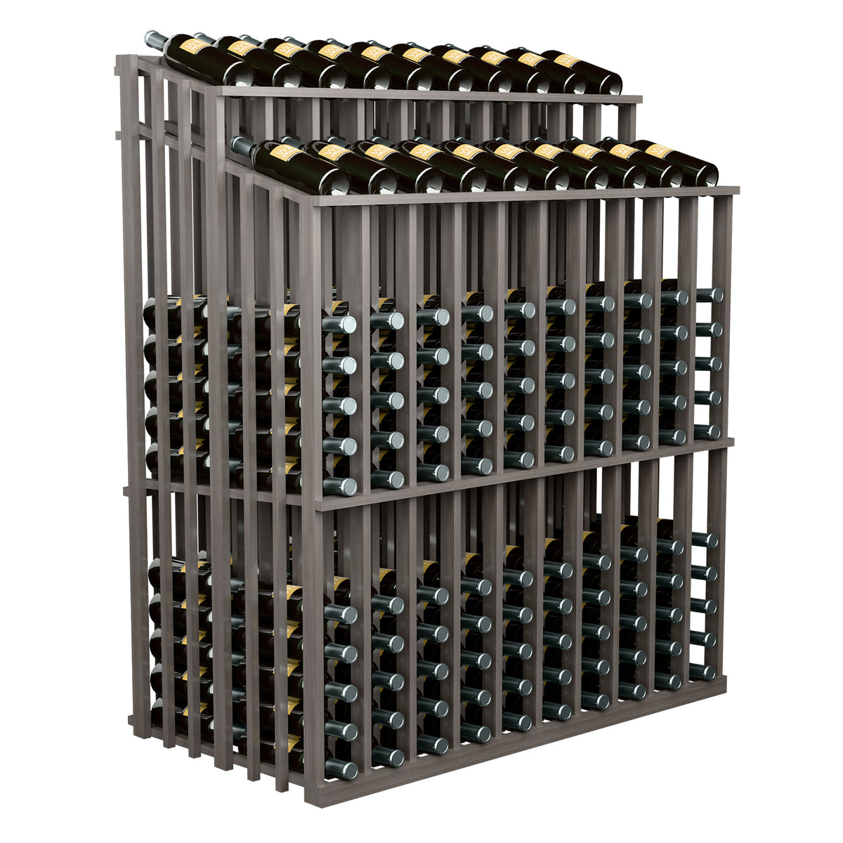Gray wood double-sided wine bottle display with bottle slots and filled bottles