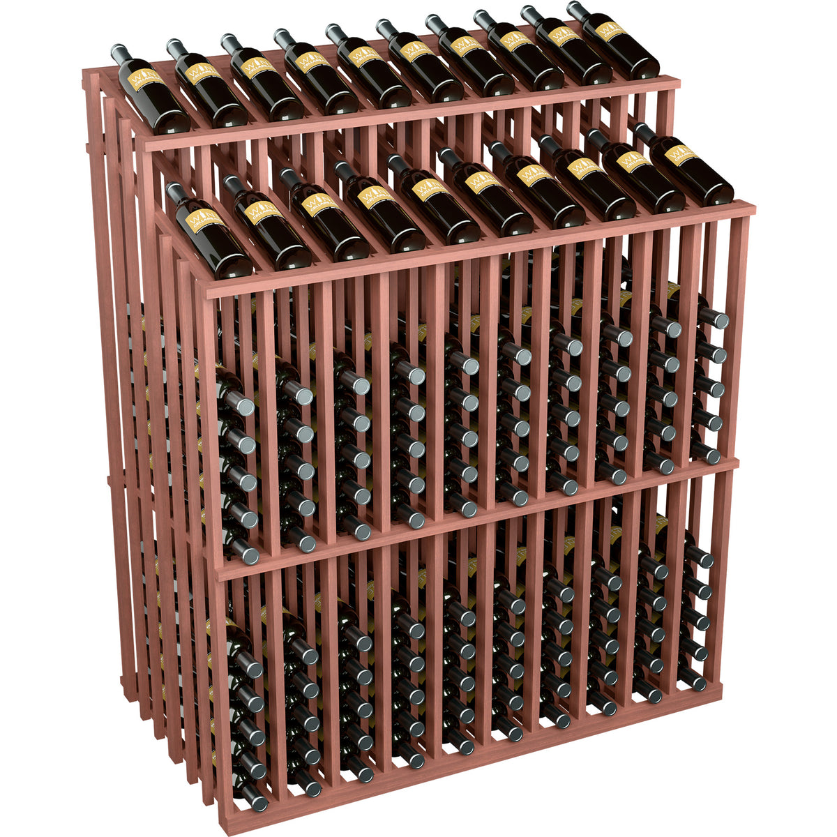 Red-stained wood wine bottle display rack with bottle slots and dark bottles in rows
