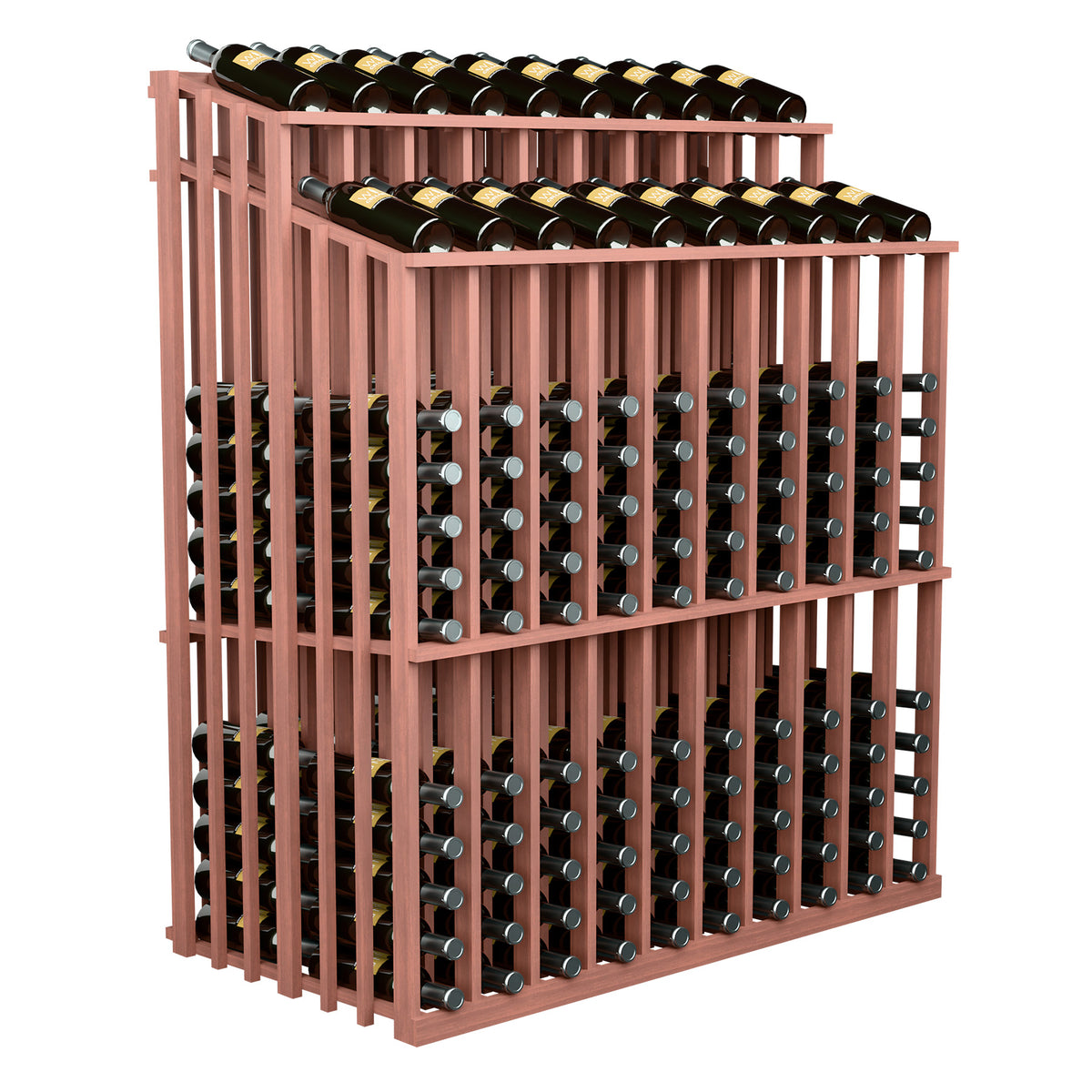 Red-brown wood wine bottle display rack with two bottle rows and metal bottle holders