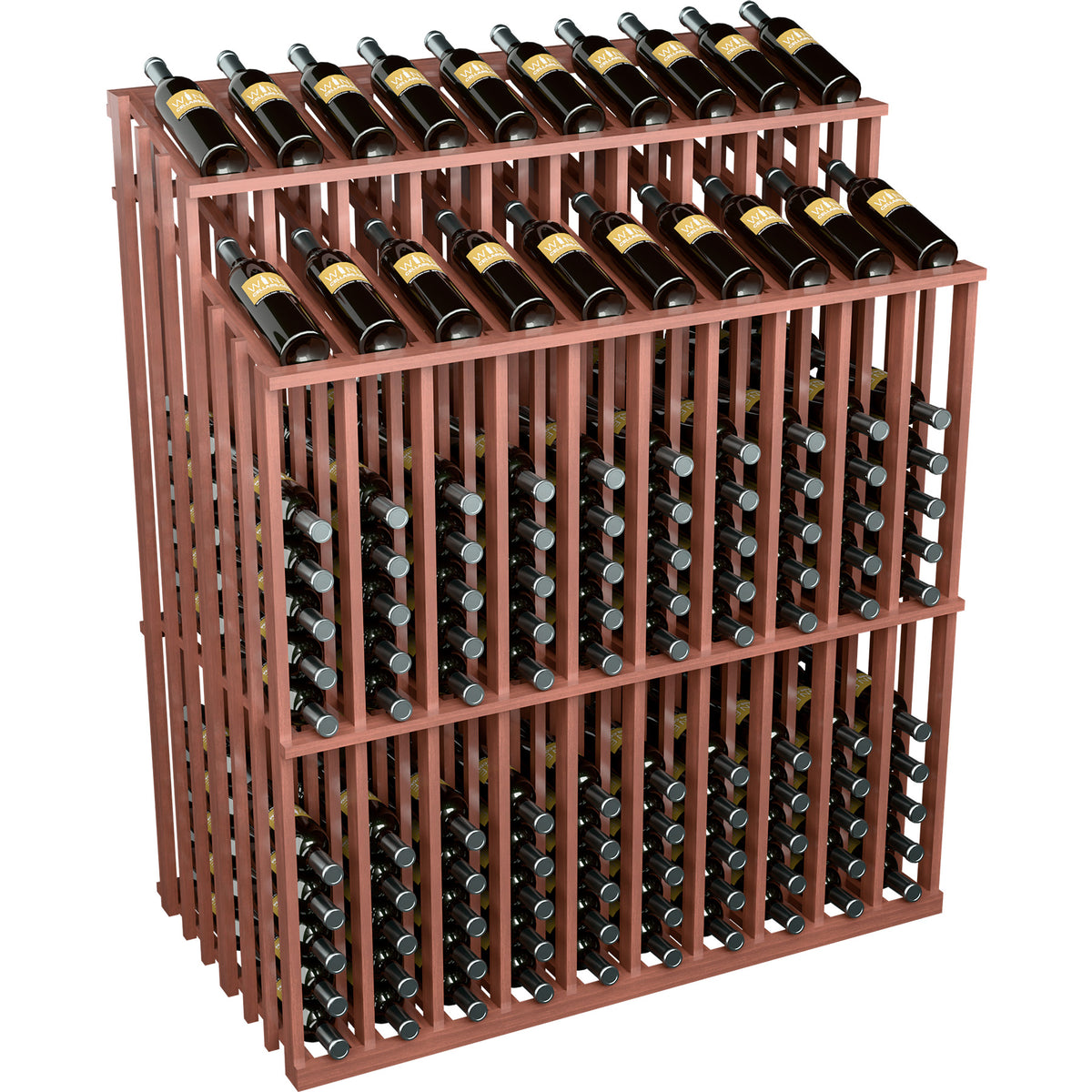 Double-sided wooden wine bottle display with bottle slots and filled bottles