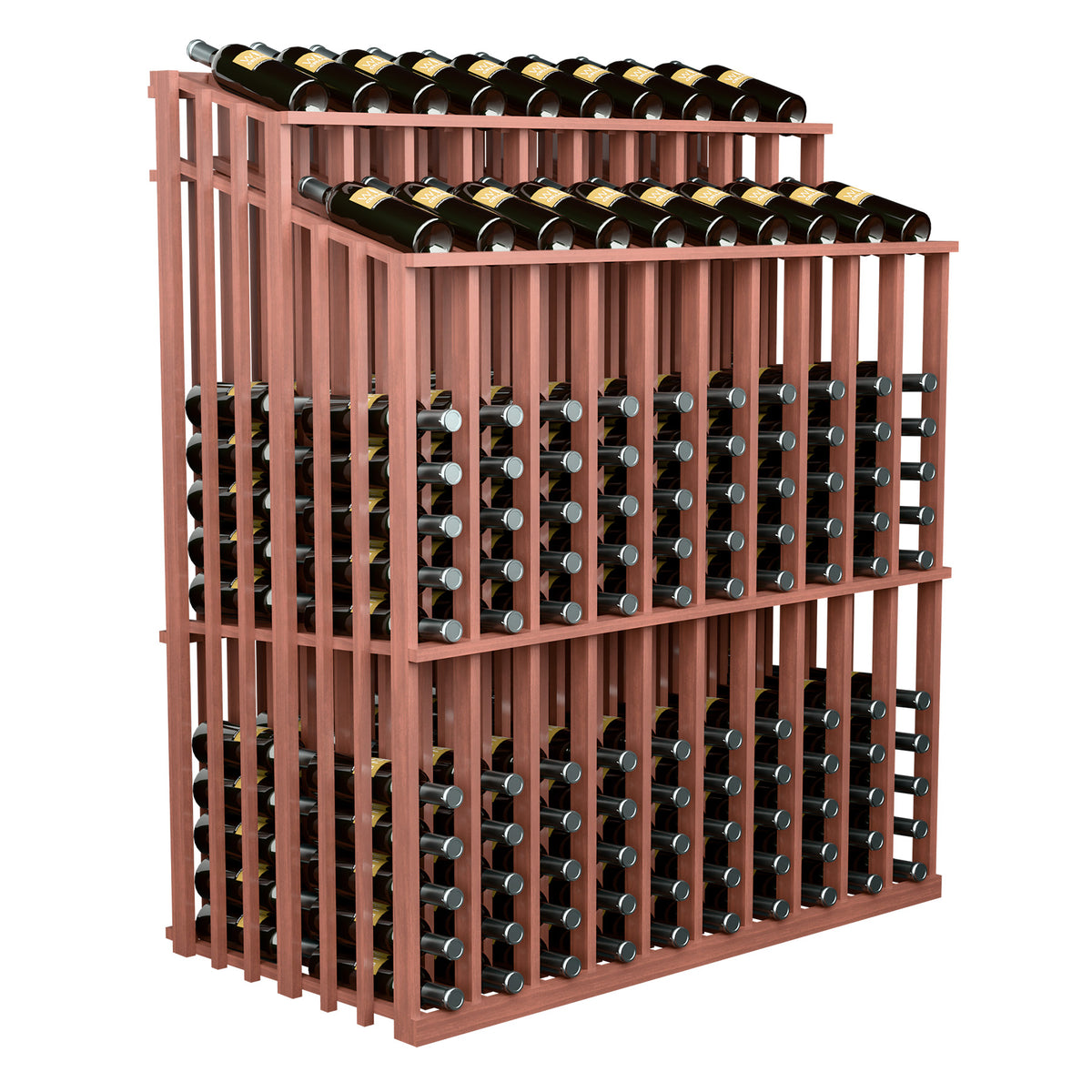 Wood wine bottle display with stacked rows of bottle slots and filled bottles