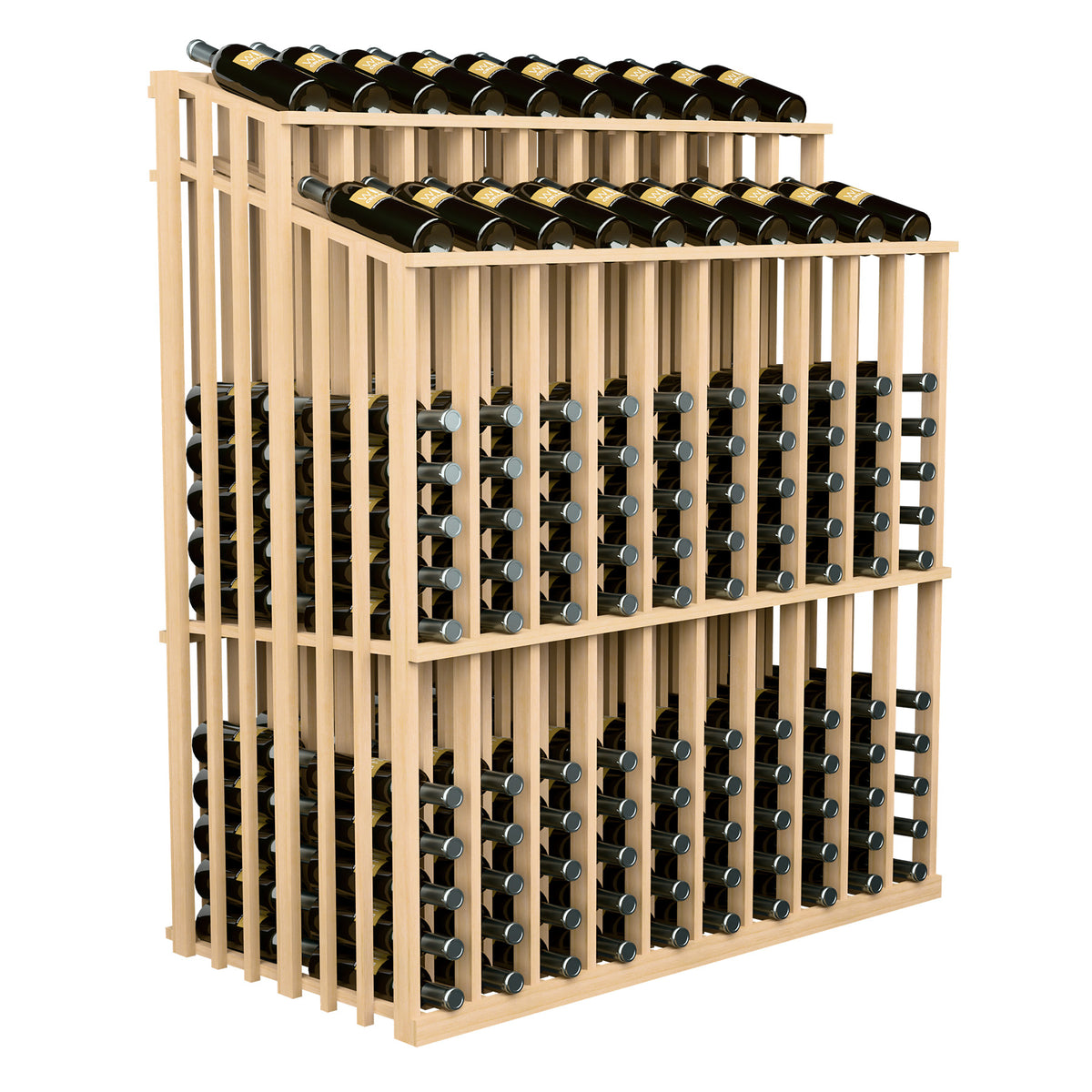 Wood wine bottle display rack with 230 bottles, double-reveal, pale natural frame and black bottles.