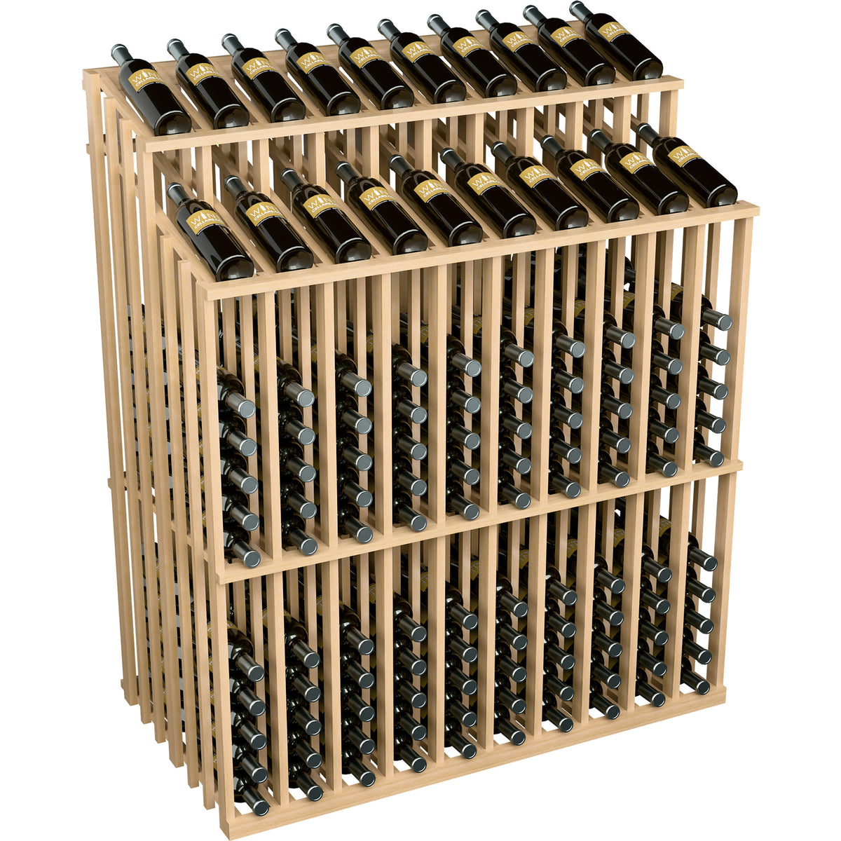 Light wood double-sided wine bottle display with bottle slots and filled bottles