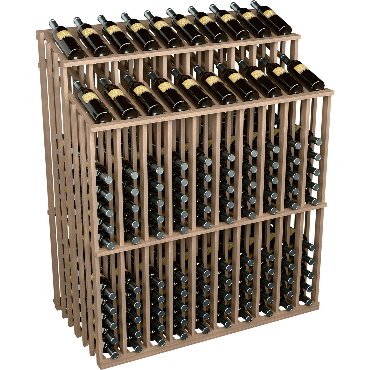 Light wood double-sided wine bottle display rack with multiple bottle openings and metal holders
