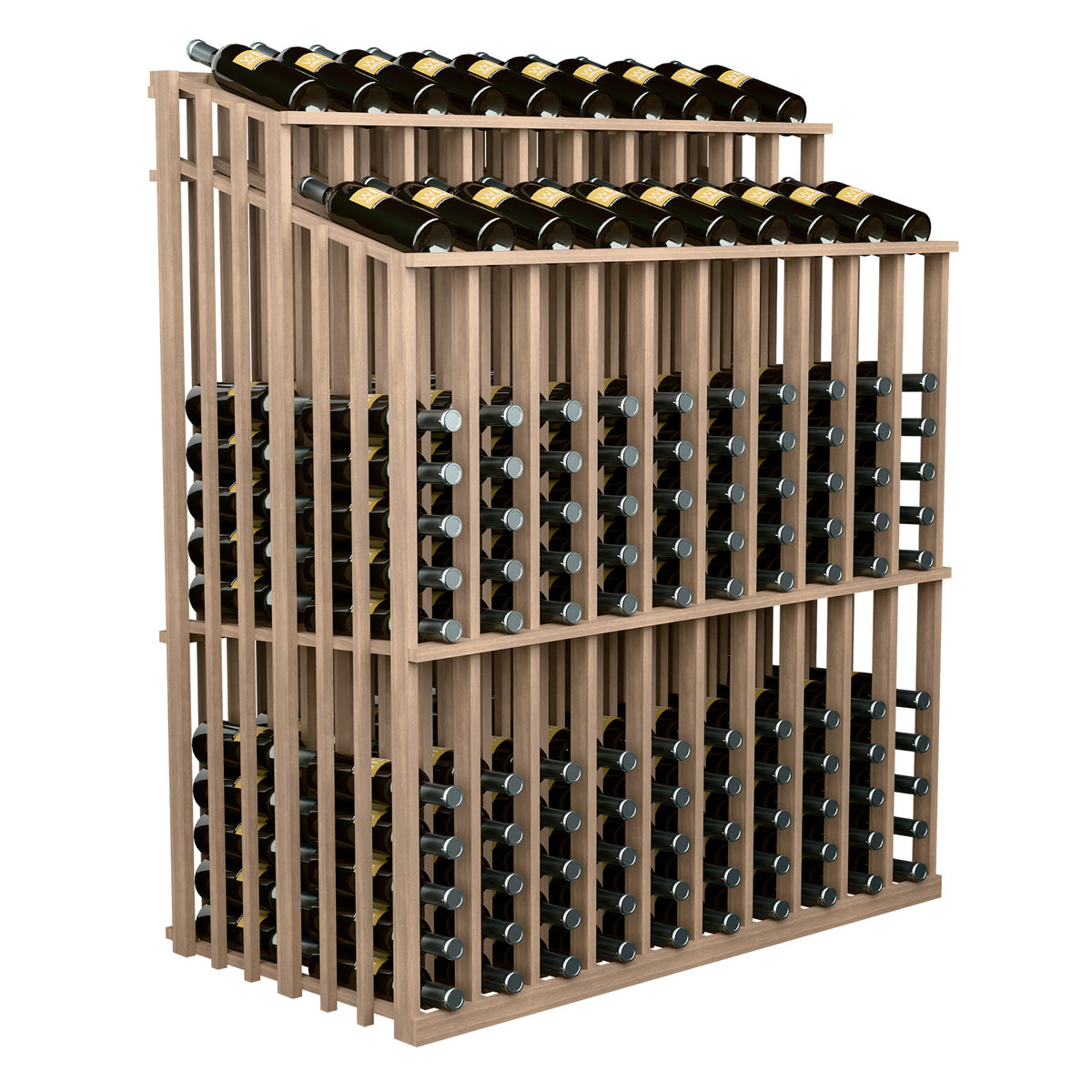 Light wood wine bottle display rack with two bottle rows and metal holder pegs