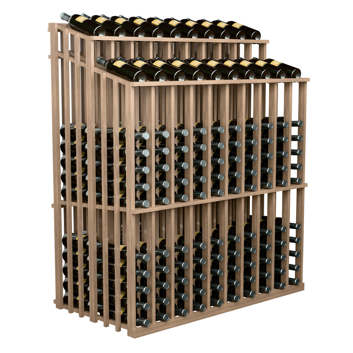 Light wood double-sided wine bottle display with bottle slots and filled bottles