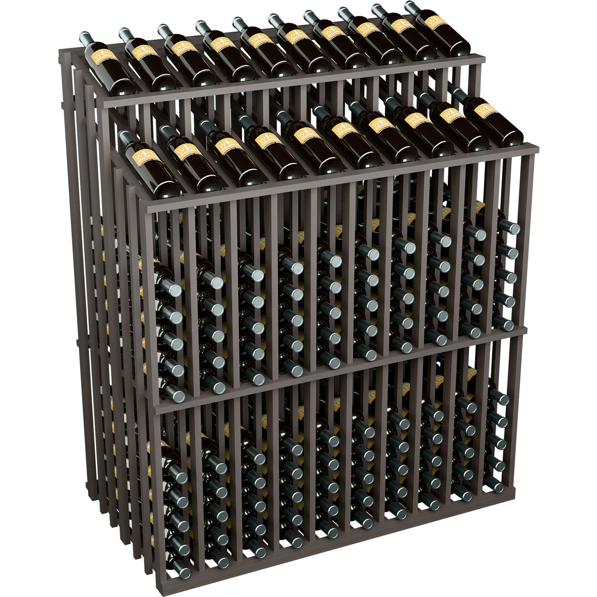 Charcoal wine bottle display rack with two bottle rows and metal holder pegs