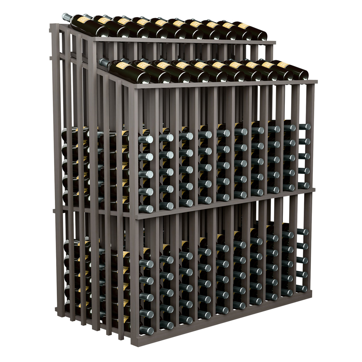Wine bottle storage display rack with dense rows of bottle holders on two levels