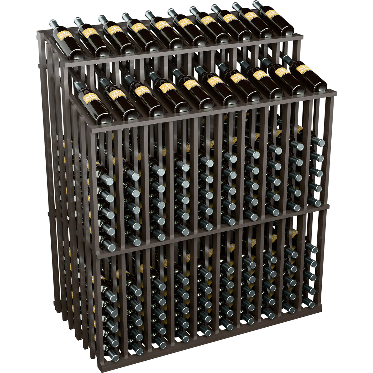 Dark wood double-sided wine bottle display with bottle slots and filled bottles