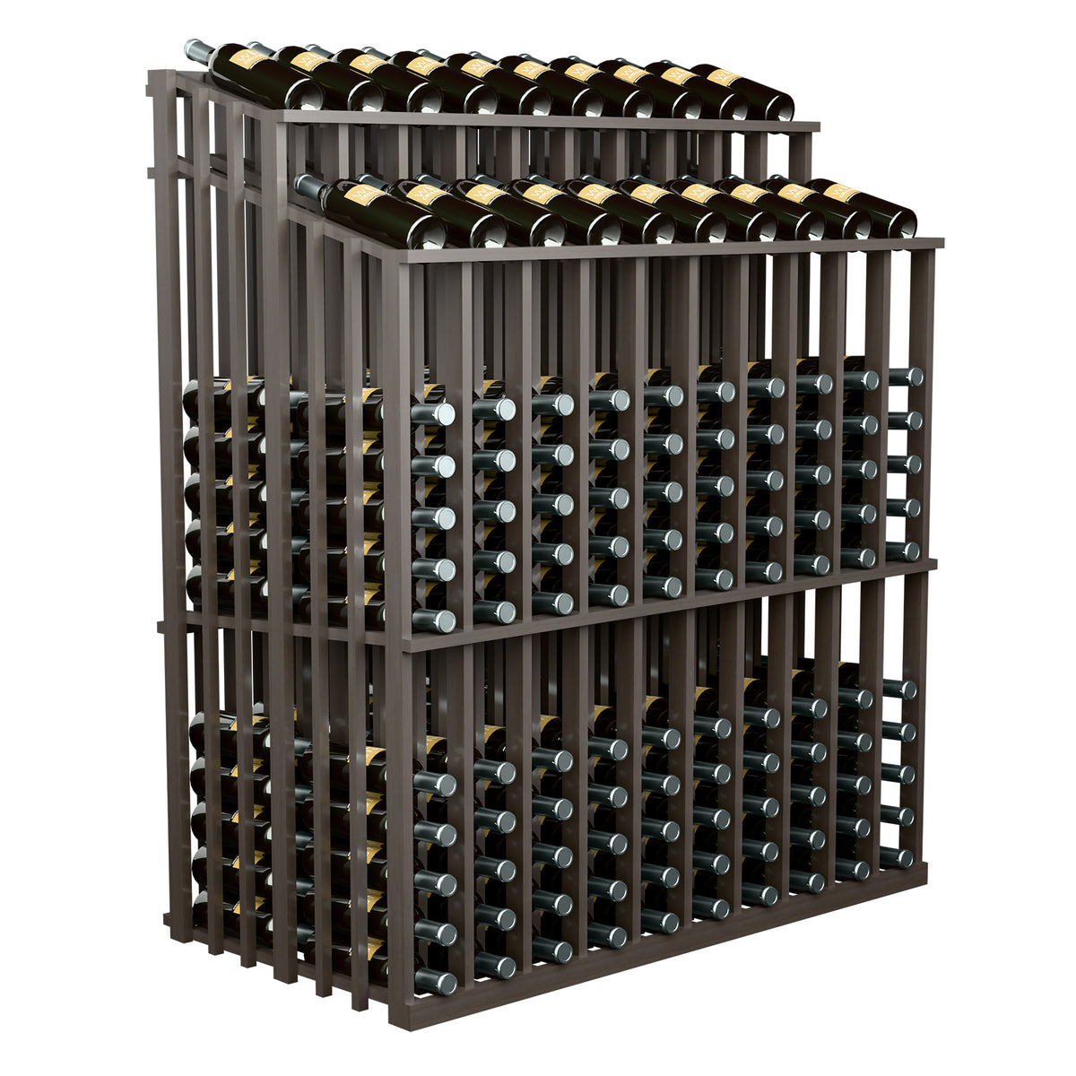 Gray wood wine bottle display with stacked bottle rows and filled bottle slots
