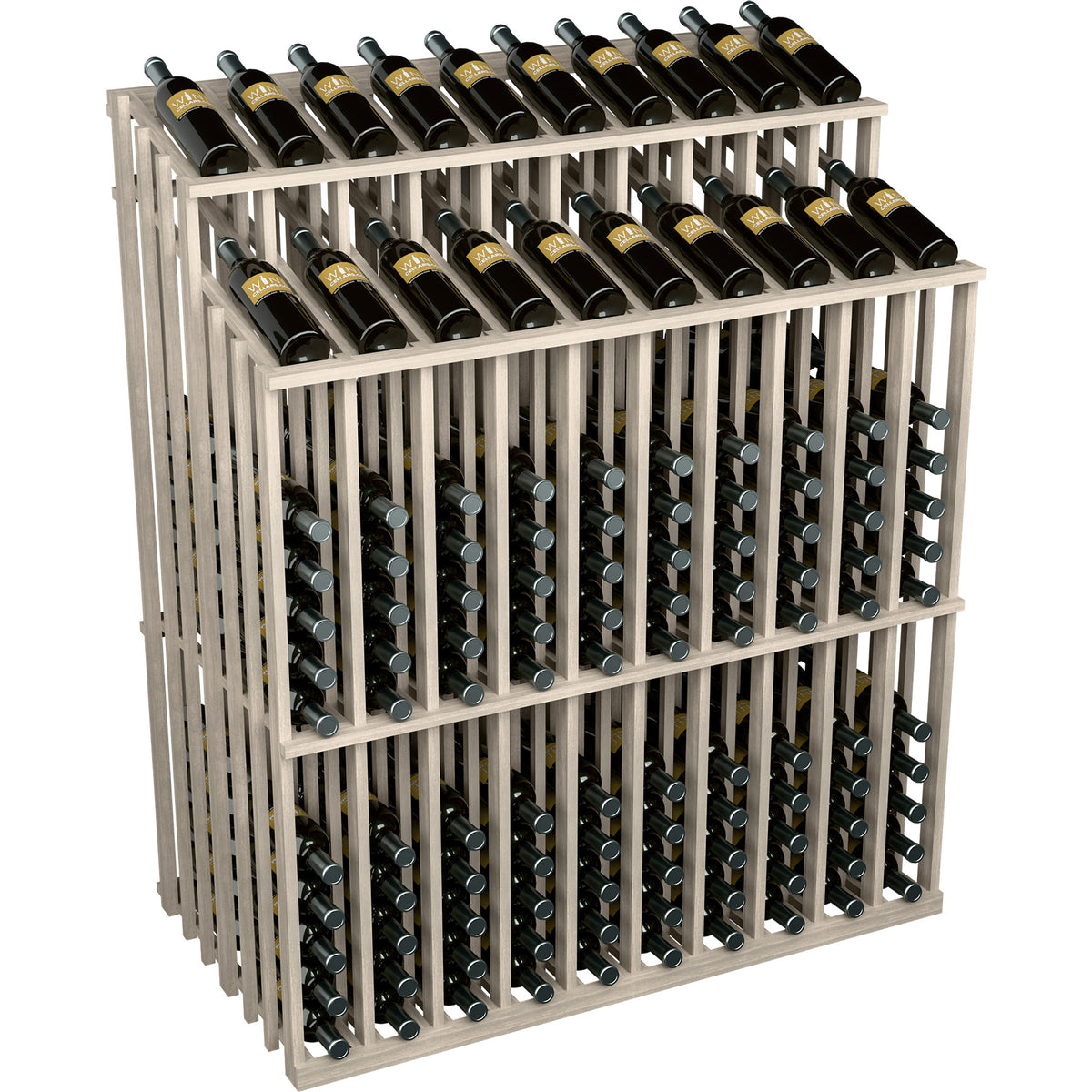 Light gray double-sided wine bottle display rack with 2 rows of bottles in slots