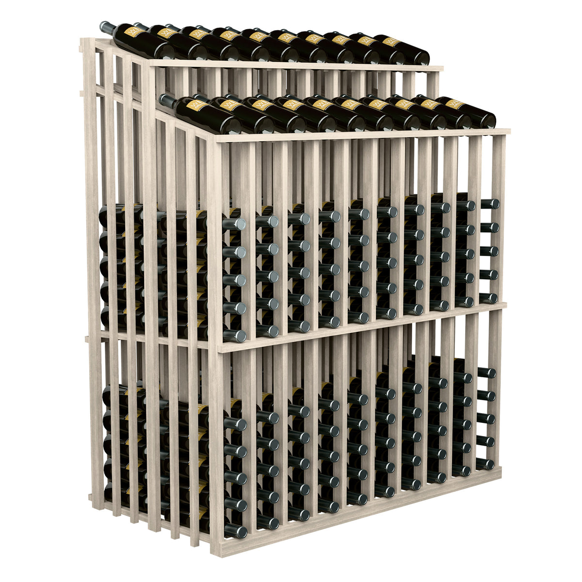 Natural wood wine bottle display rack with two bottle rows and metal holder pegs