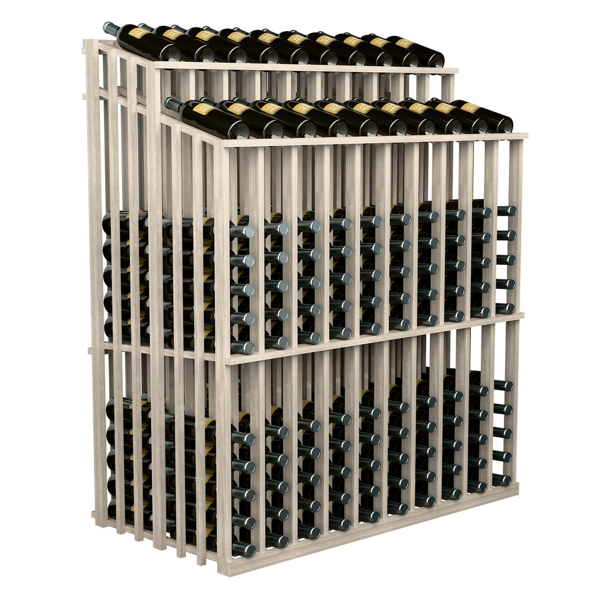 White wine bottle rack with double reveal front and multiple rows of bottle holders
