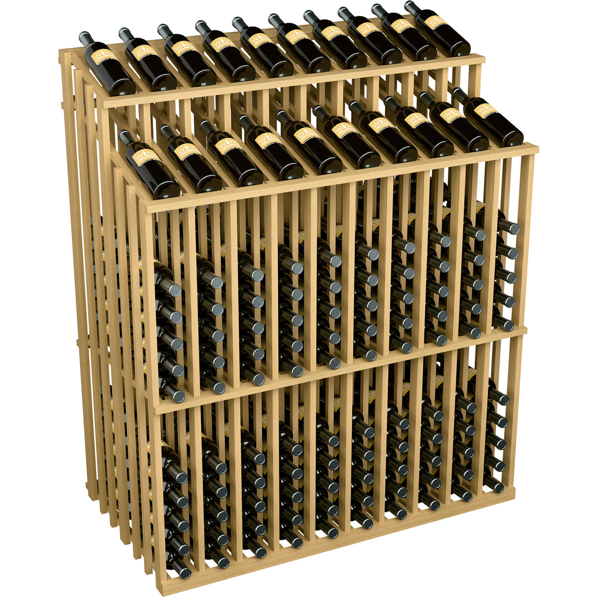 Pale wood double-sided wine bottle display rack with multiple bottle rows and metal holders