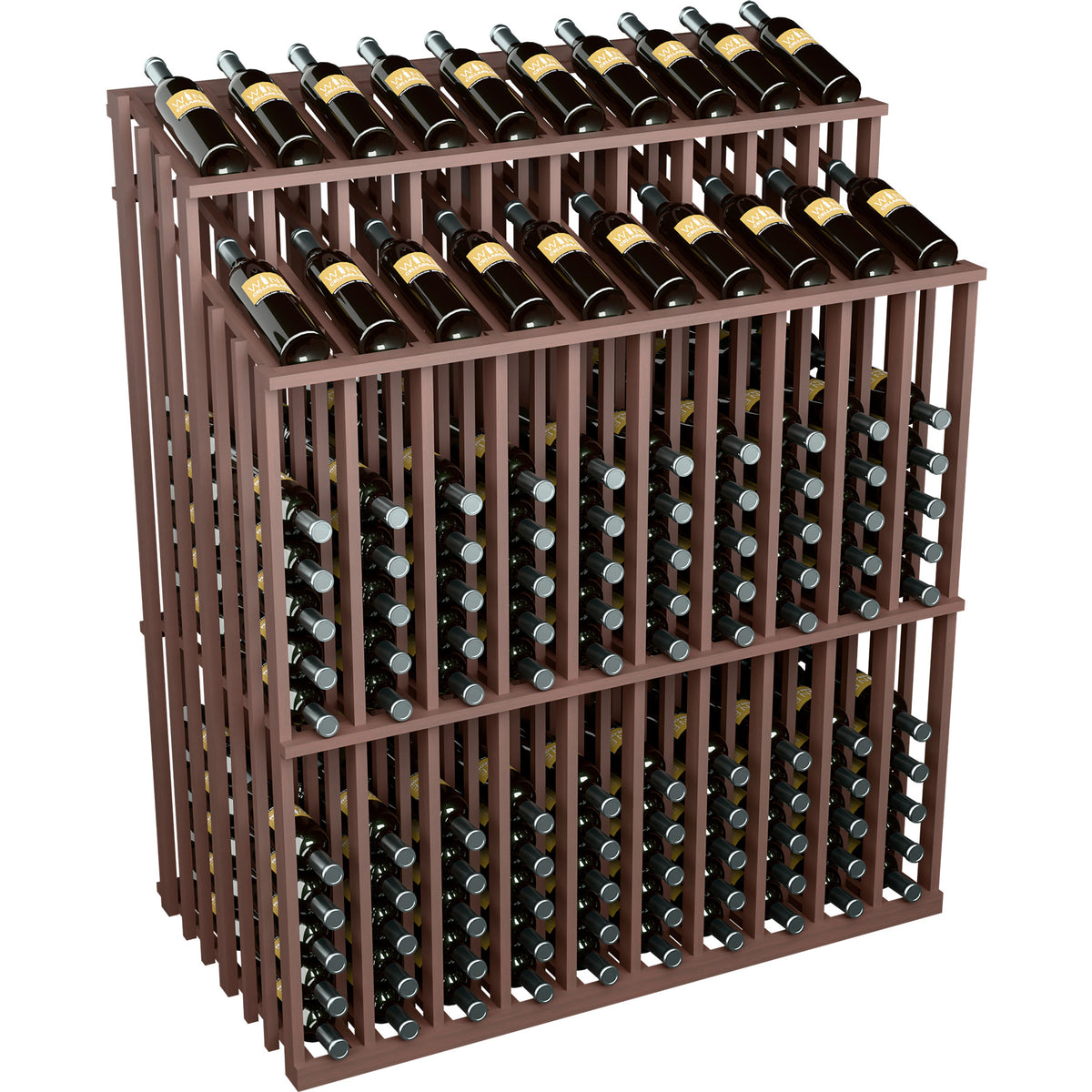 Dark wood wine bottle display rack with dual top rows and front bottle openings