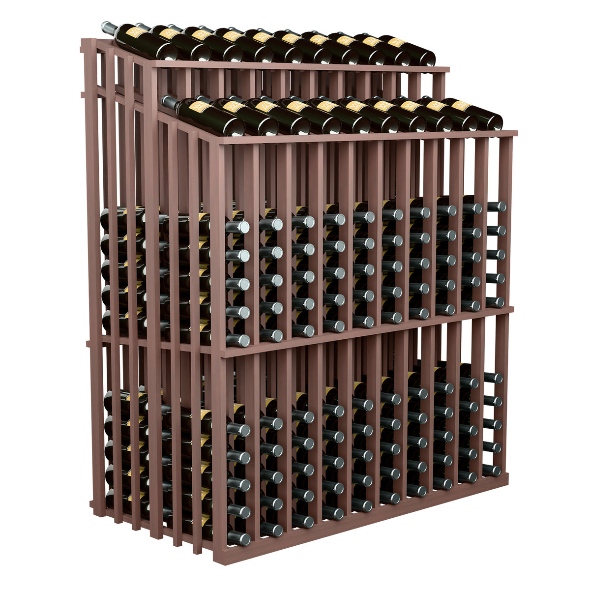 Wine bottle display rack with brown frame and multiple rows of bottle holder pegs