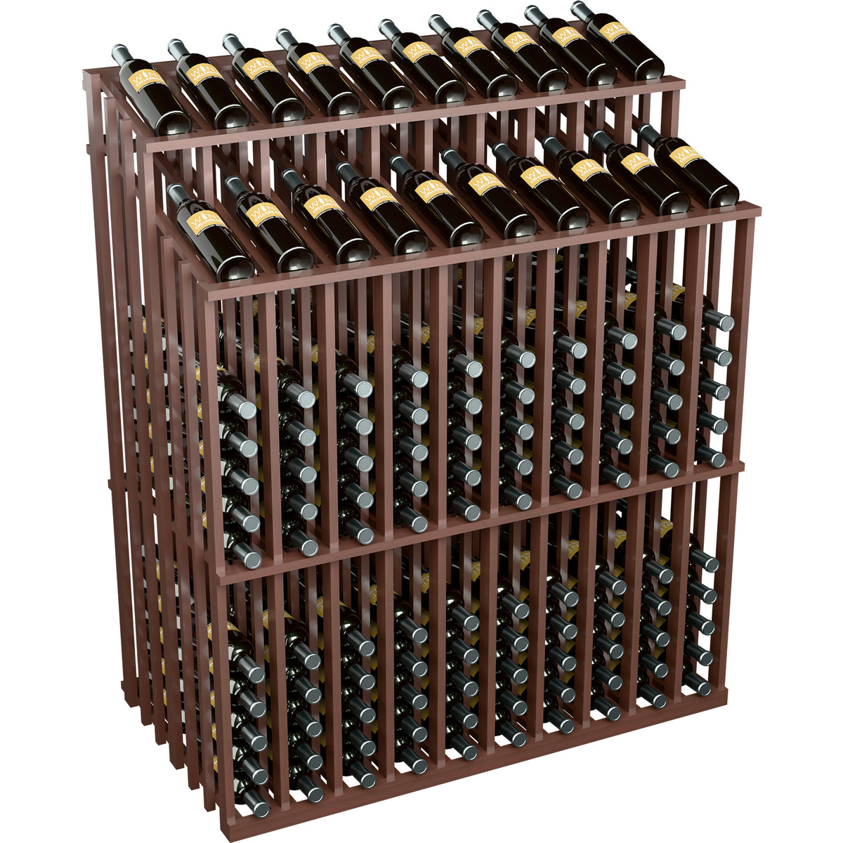 Dark wood wine bottle display rack with double reveal front and metal bottle holders