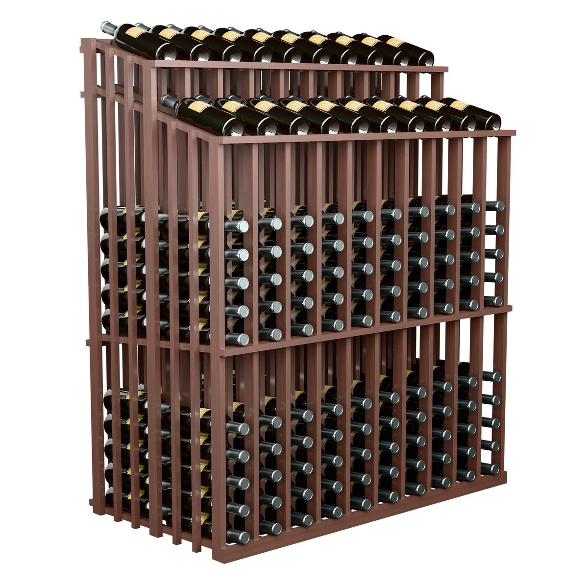 Brown wine bottle rack with double reveal front and stacked rows of metal bottle holders