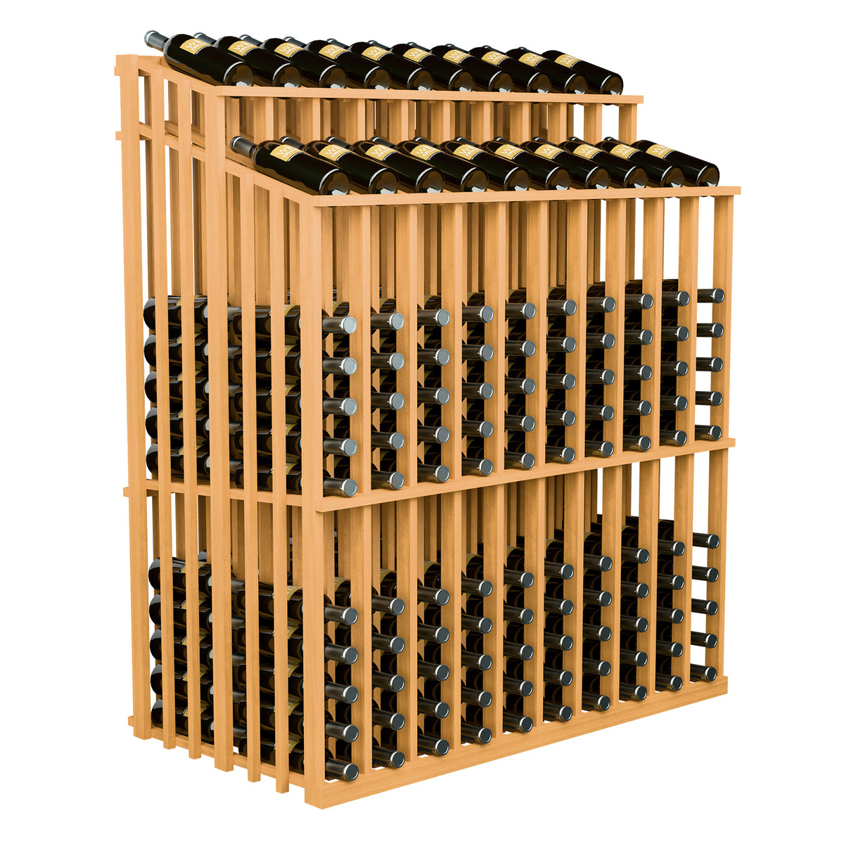 Light wood double-sided wine bottle display rack with bottles in front slots, 2 rows
