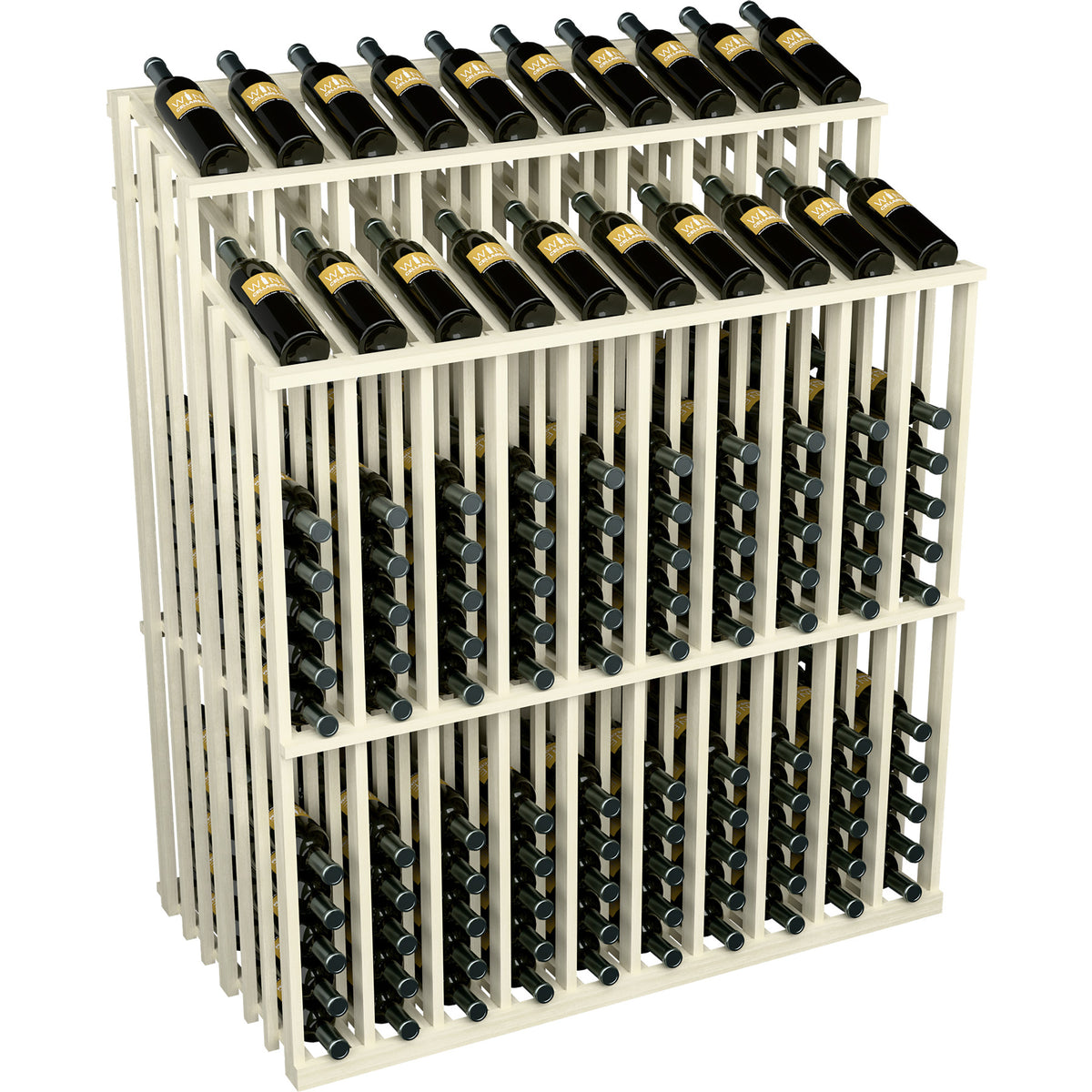 White wine bottle display rack with dual top rows and front bottle compartments