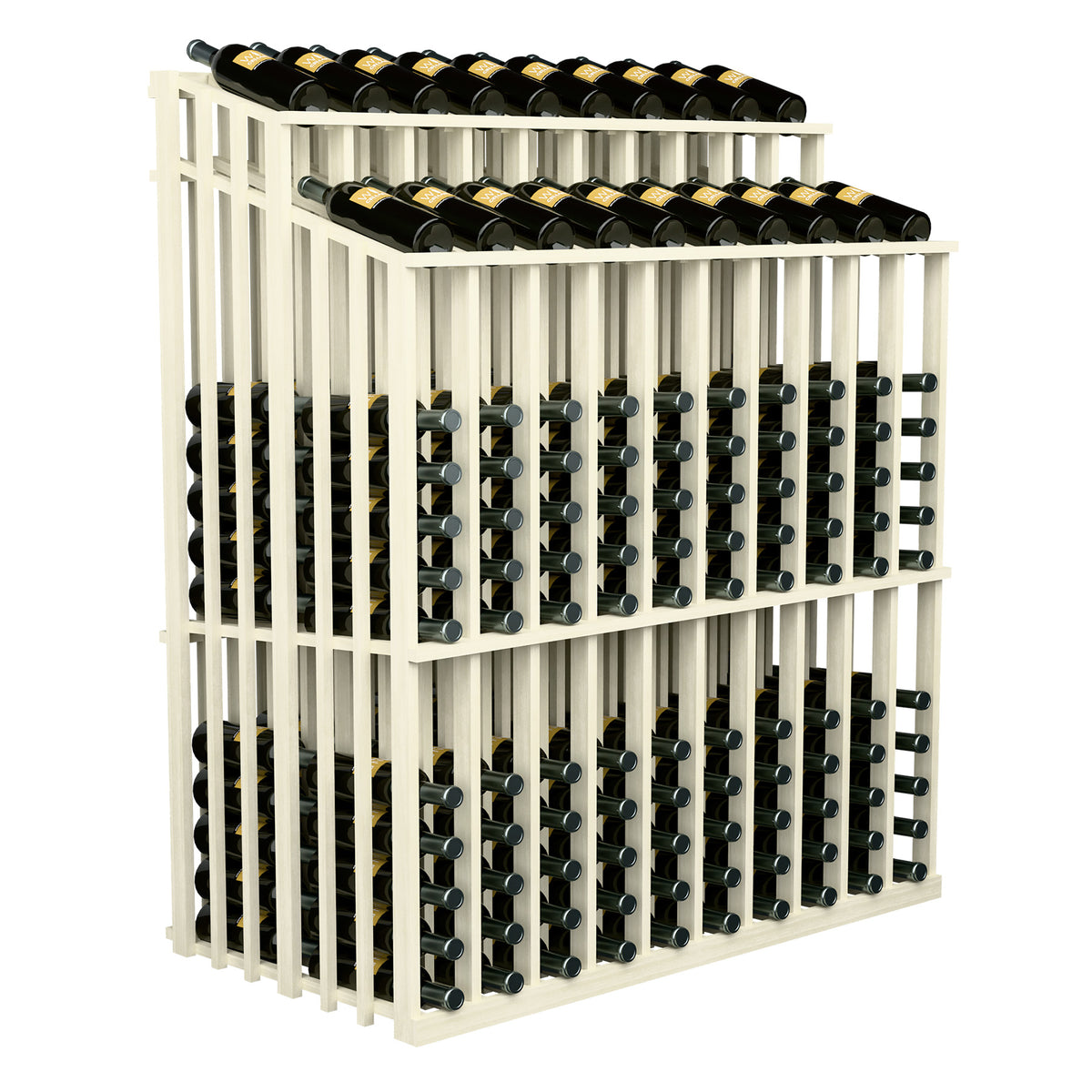 Wood wine bottle display rack with 230 bottles, double-reveal, white frame and black bottles.
